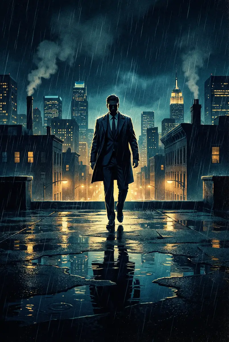 四虎影院_被七个男人绑着玩调教 出品影片《雨夜独行者》海报，雨中城市屋顶男性剪影